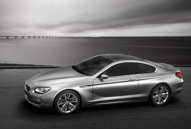 BMW, concept, бмв, серый, металлик, черно белый, фон, мост, небо, пасмурно, фото, дорога, залив