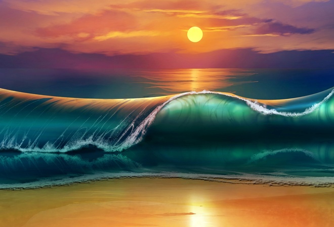 фотошоп, арт, картина, солнце, море, волна, пляж, красиво, небо, закат