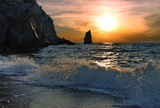 , , , , , , , , , , nature, sea, rocks, mountains, waves, water, spray, sky, sun