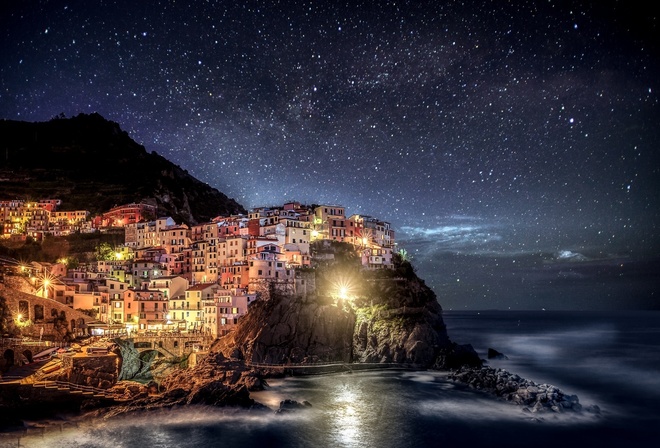 Италия, Italia, Liguria, Manarola, Лигурия, город, море, горы, ночь, звезды