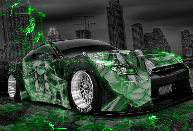 Tony Kokhan, Nissan, GTR, R35, Tuning, Anime, Aerography, Green, Neon, Effects, Style, City, Night, JDM, el Tony Cars, Photoshop, Design,  , , , , ,  35, , , , , , , , , 