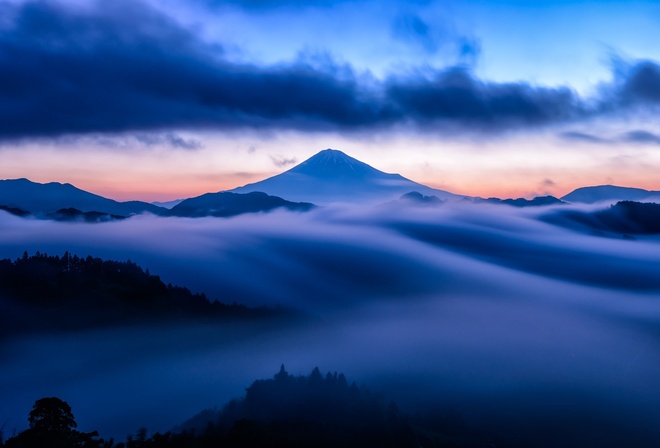 mountain, mist, sky, clouds, snow, blue, sunset, , , , , , , , , 