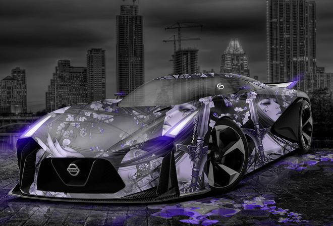 Tony Kokhan, Nissan, GTR, 2020, Concept, el Tony Cars, Anime, Girl, Aerography, City, Car, 2014, Violet, Neon, HD, Wallpapers, Design,  , , , , , , , , , , , 