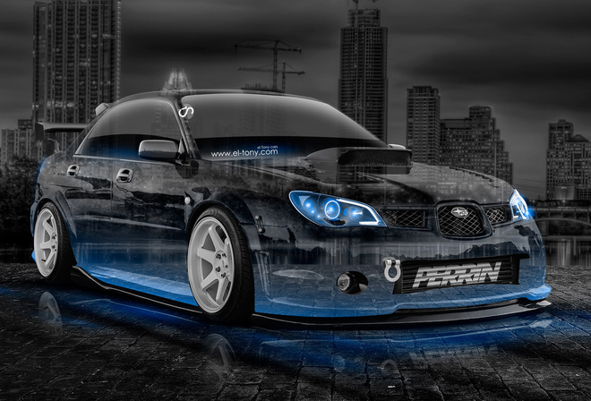 Tony Kokhan, Subaru, Impreza, WRX, STI, JDM, Crystal, City, Car, Blue, Neon, Tuning, el Tony Cars, Photoshop, HD Wallpapers, Art, Design,  , , , , , , , , , , , , , , 