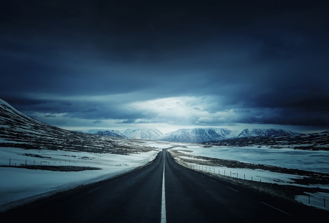 iceland, road, mountain, clouds, sky