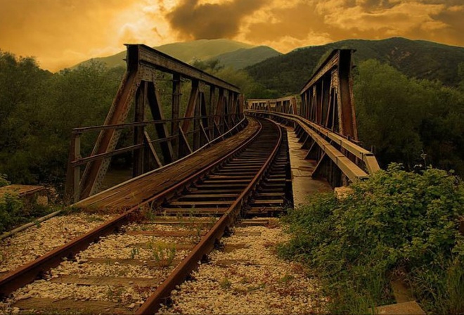 bridge, way, trees, river, forest, sky