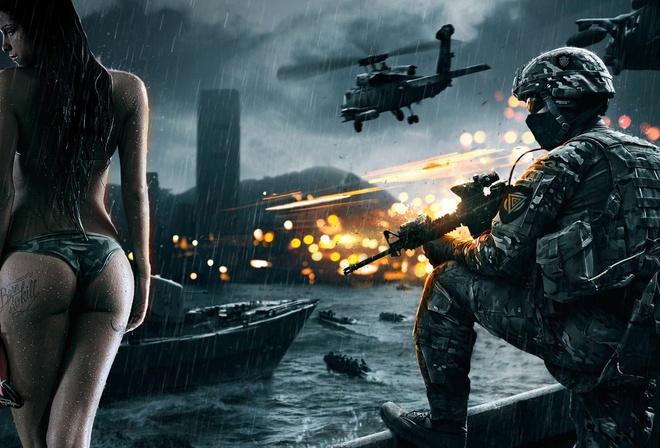 battlefield, war, soldier, girl, gun, fire, city