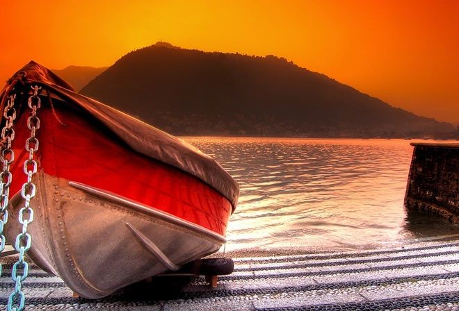 lake, boat, river, water, mountain, sunset
