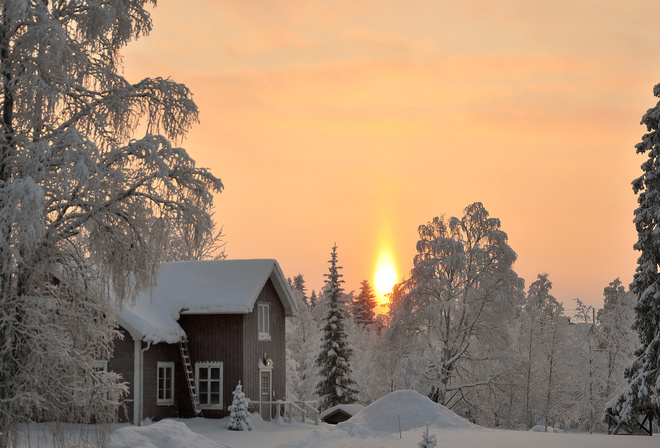 winter, trees, snow, path, mountain, moon, cabin