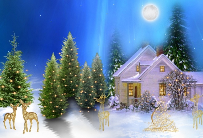christmas, light, city, winter, village, snow