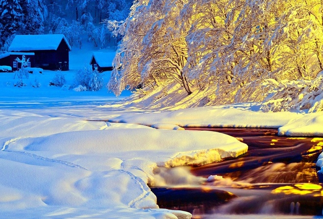 winter, trees, snow, path, mountain, moon, cabin