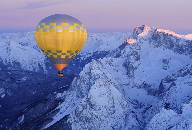 balloon, hot, mountain, snow, sky, fly