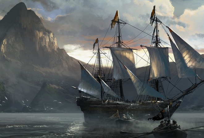 картина, арт, пираты, парусник, море, корабль, красиво