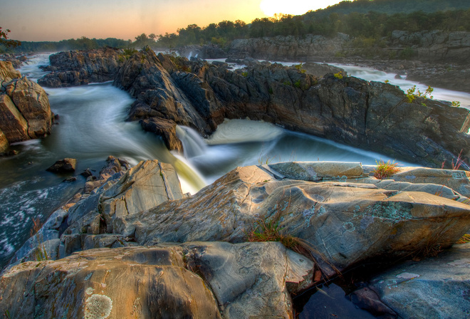 waterfalls, water, mountain, gras, forest, rock