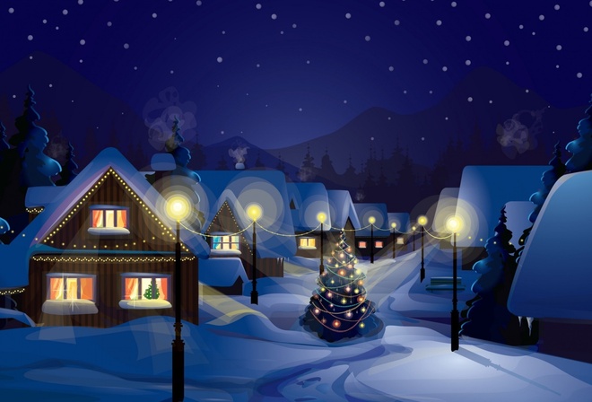 christmas, light, city, winter, village, snow