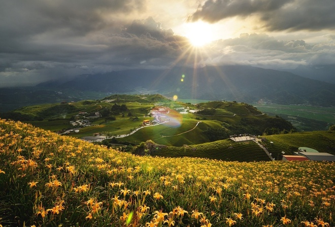 sunrise, sunlight, mountain, tree, clouds, valley