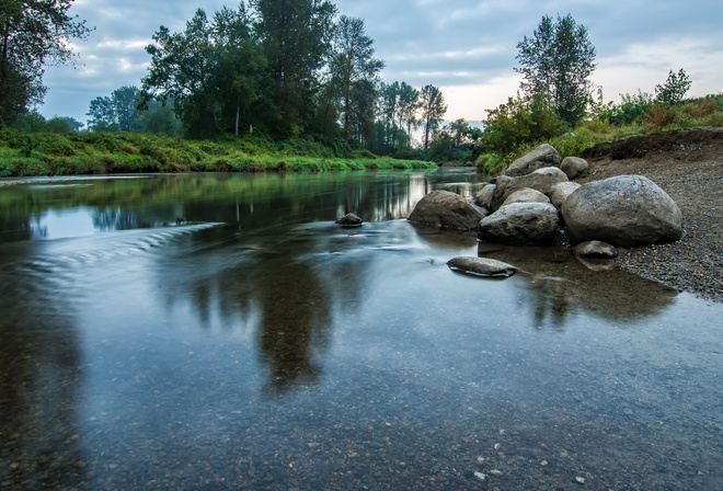 river, mountain, rock, grass, water, tree