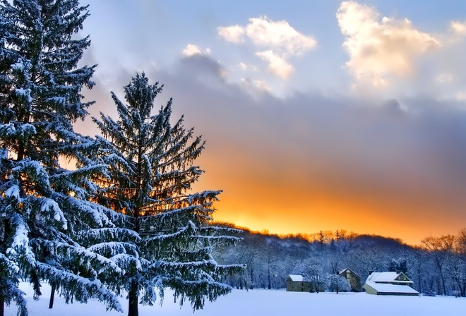 winter, snow, mountain, cottage, tree