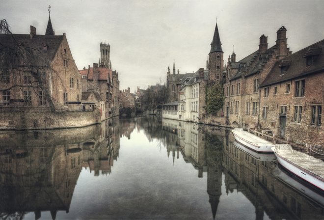 river, building, houses, water, tree