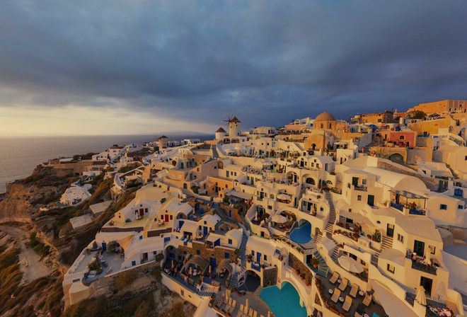 santorini, houses, beach, rock, pool