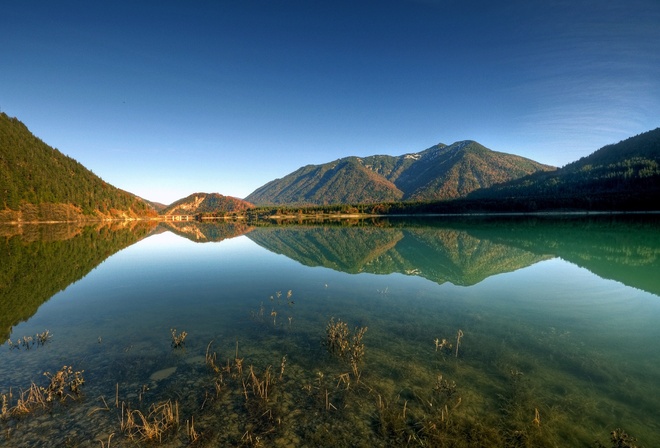 lake, mountain, tree, forest, water, sky, blue