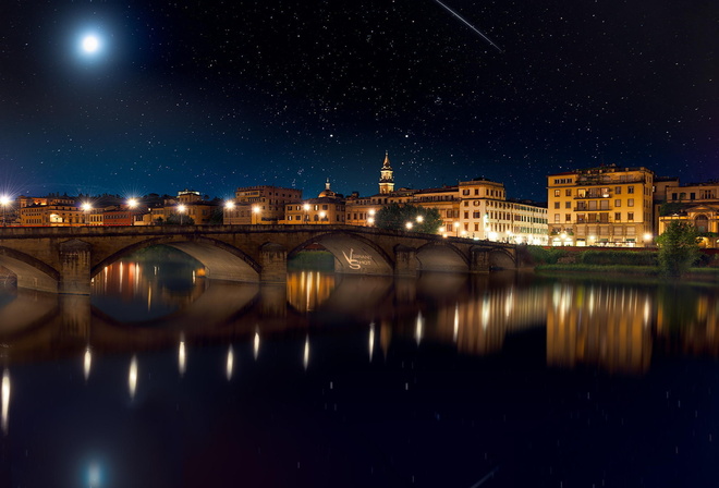 Michael Woloszynowicz, photographer, ночь, луна, метеор, небо, звезды, река, отражение, мост, город, огни