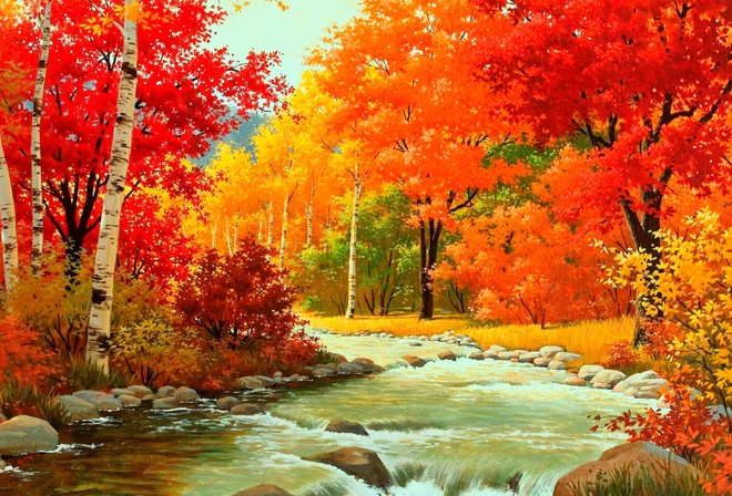 autumn, forest, patch, leaves, tree, river