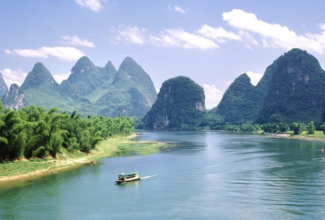 boat, river, mountain, water