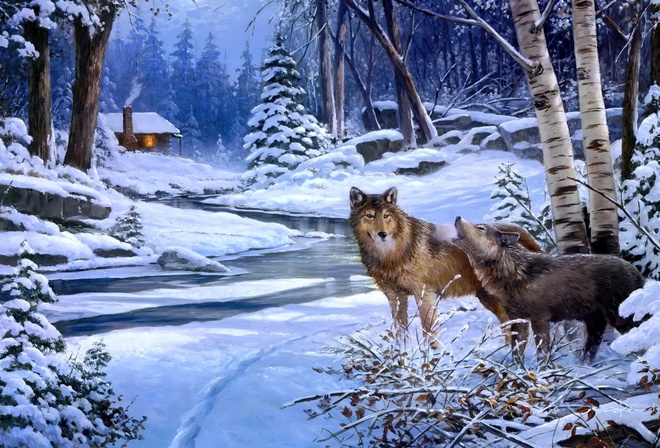 wolves, cabin, winter, forest, river, snow