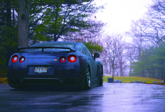 Nissan, R35, GTR, Blue, Japan, Sport, Car, Rear, Rain