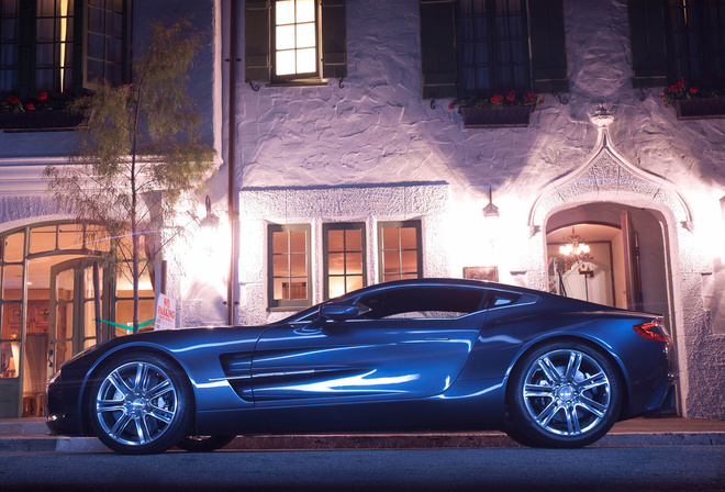 Aston Martin, one 77, supercar, night, house, light, street