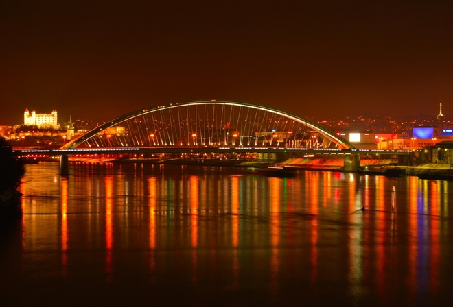 bratislava, river, bridge, night