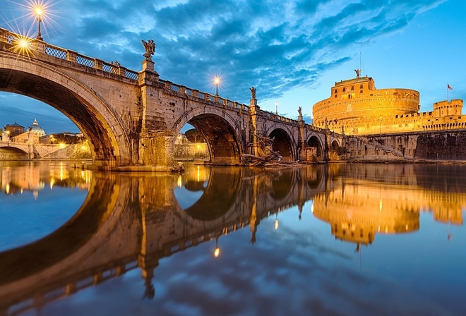 castle, city, river, bridge