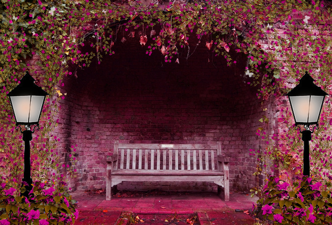 весенний сад, цветы, арки, скамейки, фонари, розовый