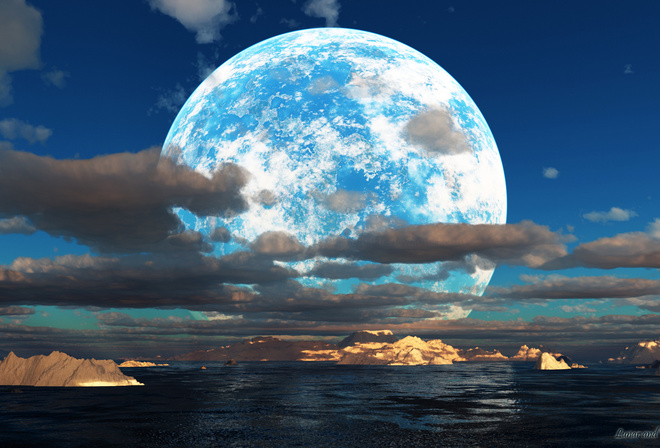 sky, clouds, sea, Island, moon