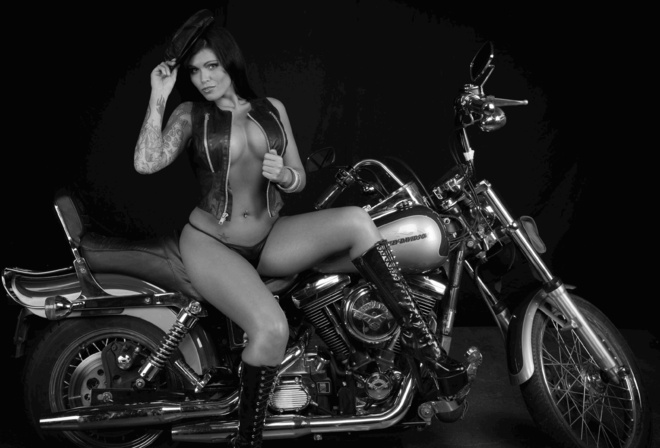 melissajo, exotic, young, model, tattoo, latina, sexy babe, long hair, bike, black and white, posing, black, leather, top, string, hat, pvc, knee boots, harley davidson motorcycles, erotic, melisa, tattoos