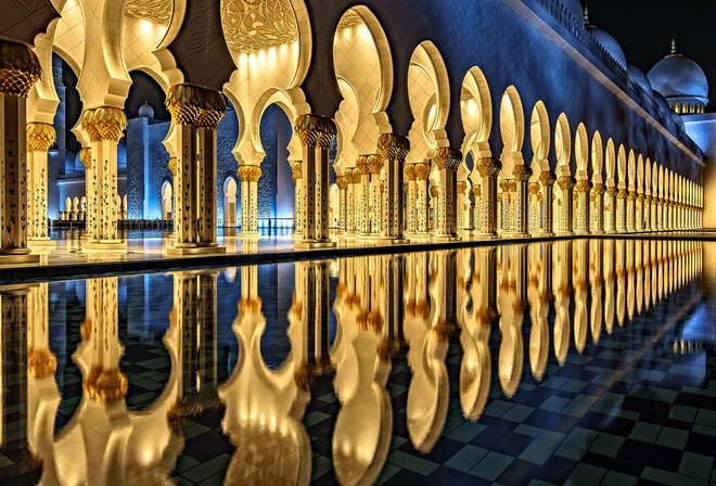 Мечеть шейха Зайда, Абу-Даби, архитектура, бассейн, отражение
