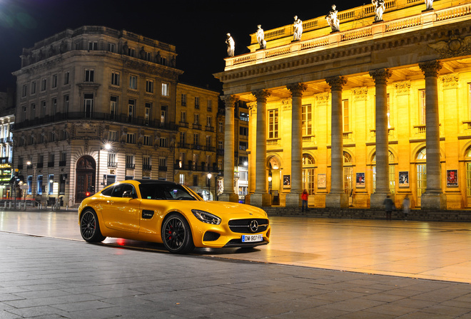 Mercedes-Benz, AMG, GT S, 2015, Yellow, Supercar, Front, Night, Place, Square, 