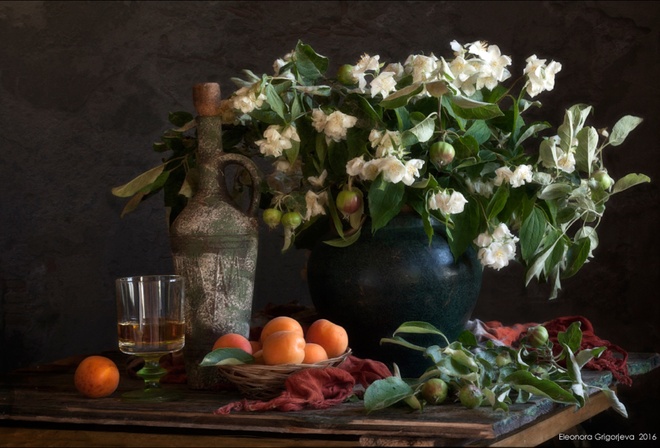 белый цвет, вино, жасмин, абрикосы, зелёные яблоки, натюрморт, by Eleonora Grigorjeva