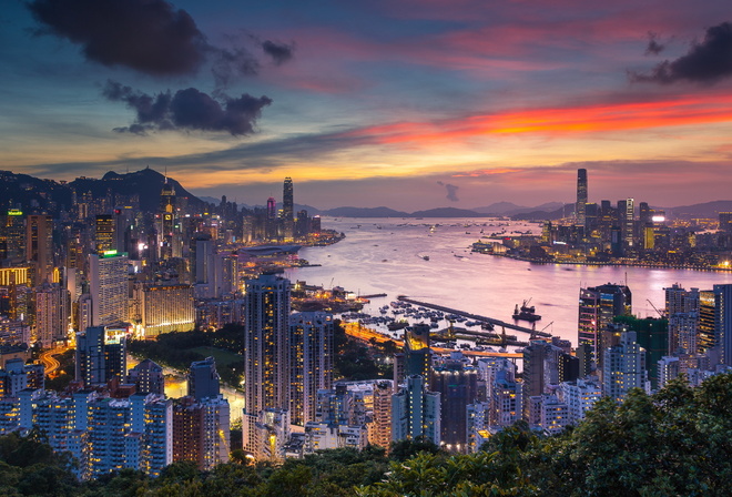 hong kong, china, city, braemar hill, victoria harbour, evening, dawn, skyscrapers