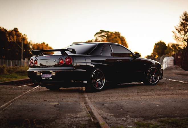 nissan, r34, skyline, black, railroad, back, gtr