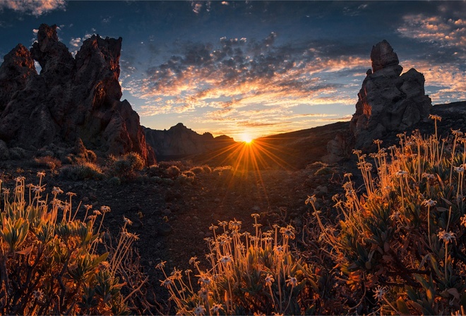 sunrise, mountain, clouds, sky