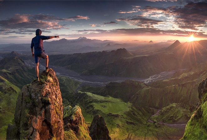 climb, sunrise, mountain, valley