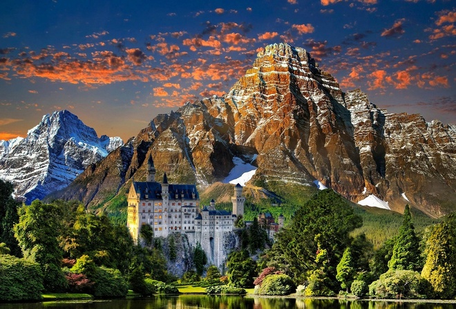 castle, lake, mountain forest