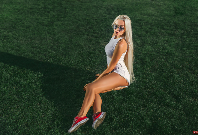 Kristina Viktorovna, women, model, blonde, sneakers, sunglasses, brunette, ass, jean shorts, grass, long hair, sitting, closed eyes, women with glasses, Converse, painted nails, shadow, thighs