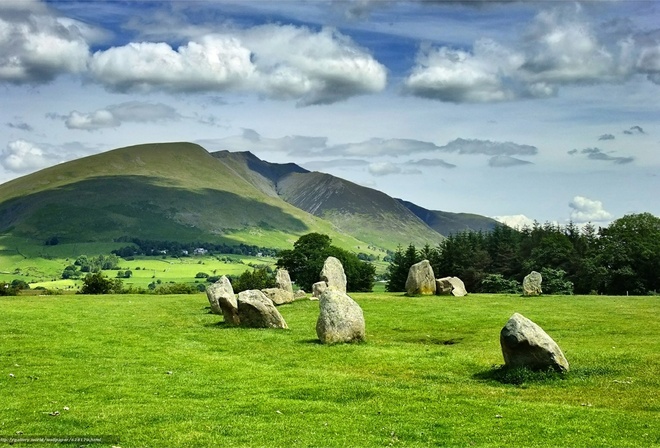 stones, field, grass, green, hills