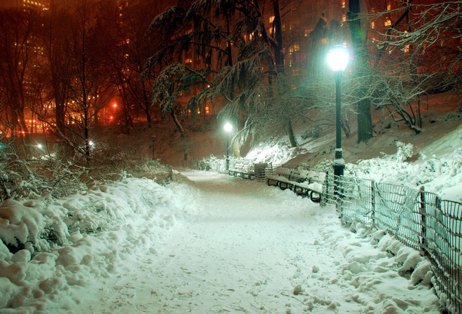 Зима, снег, вечер, город