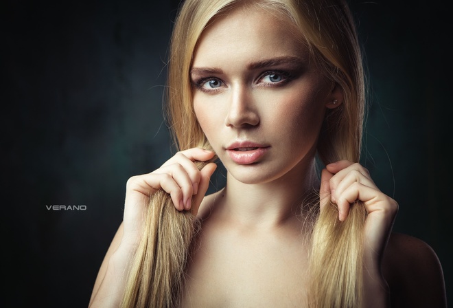 Yulia Vasilieva, women, models, traight hair, long hair, portrait, simple background, blue eyes, ponytail, Nikolas Verano