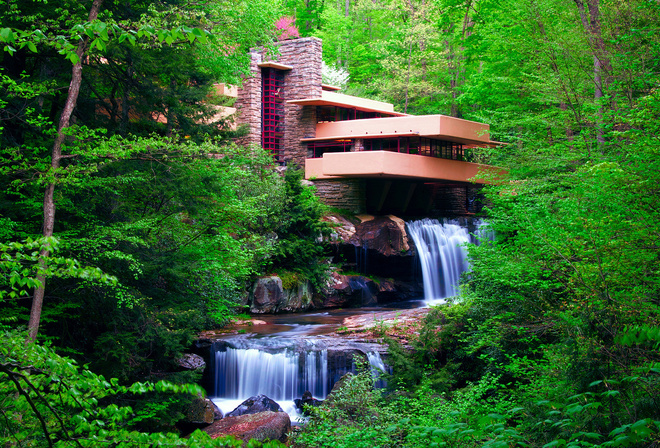 house, forest, trees, river, waterfall