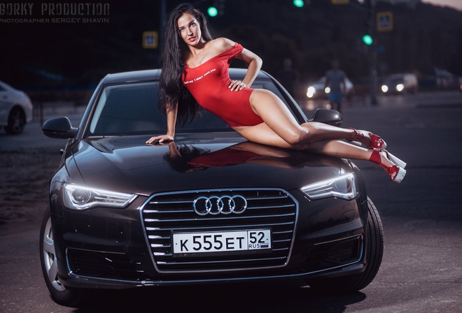 Yulia Chekanova, women, hips, one-piece, car, high heels, brunette, women outdoors, hands on hips, black hair, long hair, Sergey Shavin